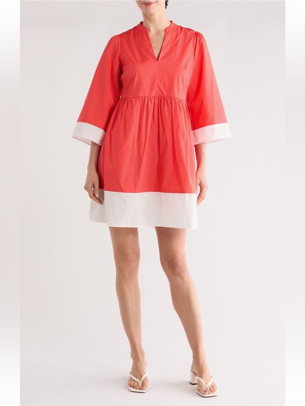 Vince Camuto Coral and White Colorblock V-Neck Tunic Dress